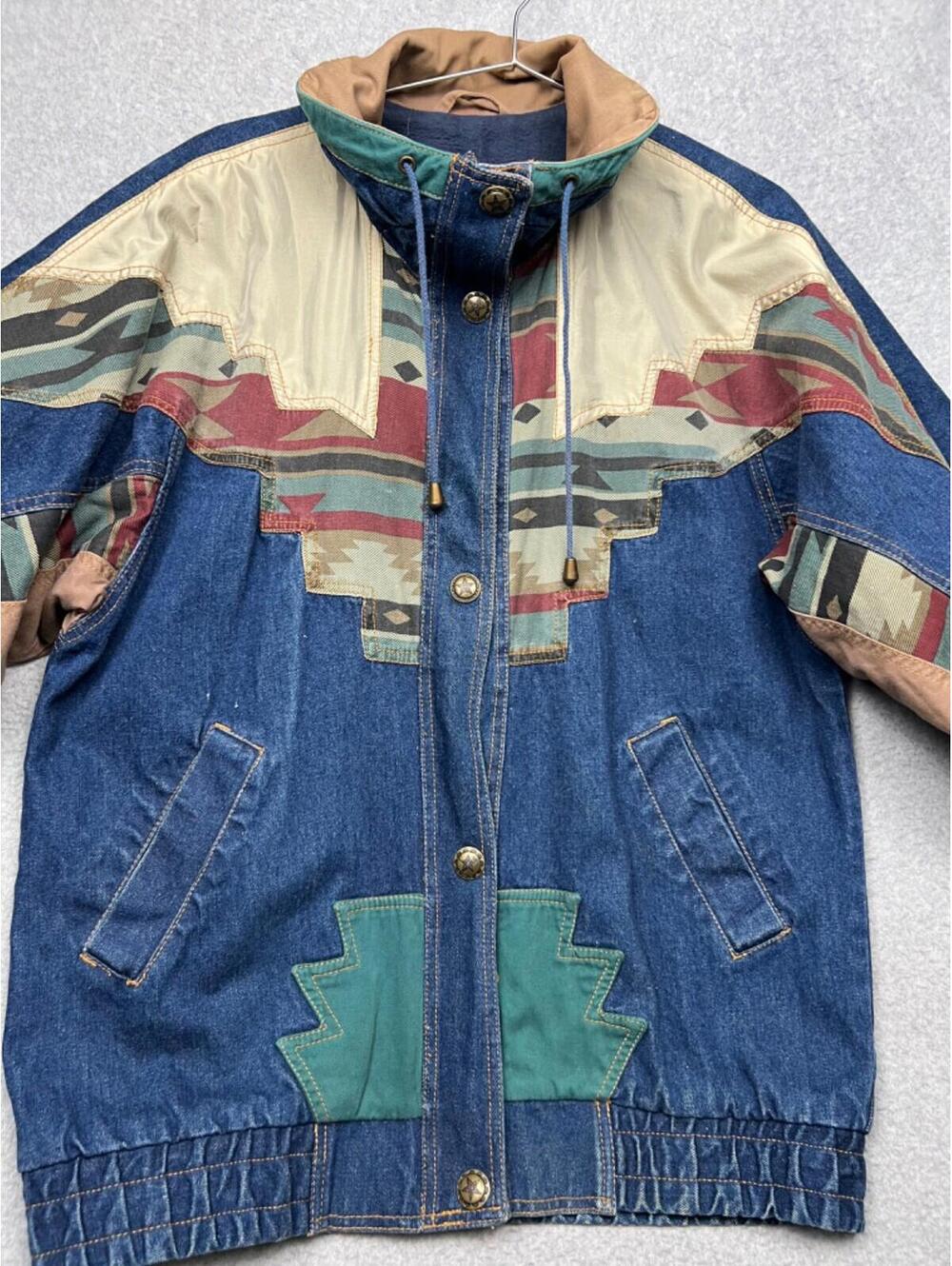 Vintage 80s 90s MidWest Aztec Womens L Denim Oversized Jacket Coat Western Boho - Picture 9 of 13